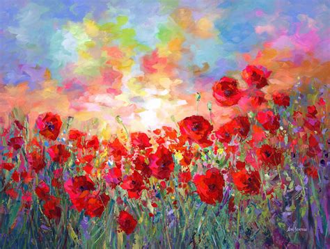 Poppy Flower Field Painting by Leon Devenice (2022) : Painting Acrylic, Oil on Canvas - Singulart