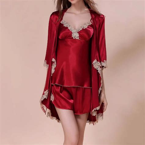 Women Satin Silk Pajamas Red Three Piece Pyjama Sets Lace Embroidery ...