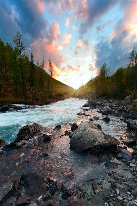 Sunset and mountain river Stock Photo by ©SergeyTimofeev 24426245