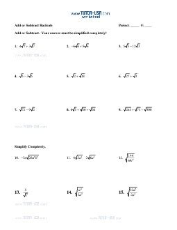 Worksheet: Radicals - Simplify using Add, Sub, Multiply, Divide | Algebra Printable