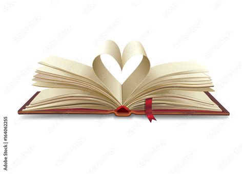 Open book with heart shapes isolated white background. 3D Old paper pages texture. For Education ...