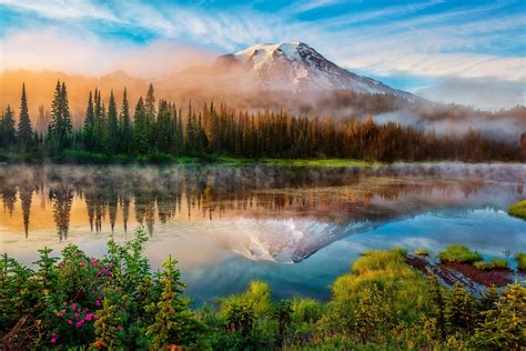 nature, Landscape, Trees, Forest, Mountain, Washington State, USA, Lake, Mist, Snow, Clouds ...