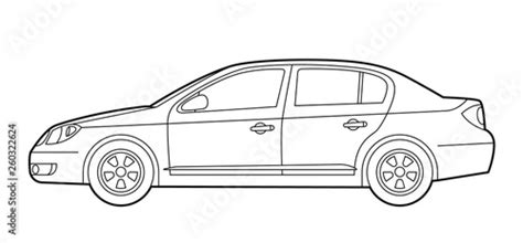 Car line drawing. Sedan transportation vehicle. Outline side view ...