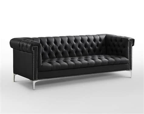 Oxford PU Leather Button Tufted Sofa with Silver Nailhead Trim and Y-leg, Black | Leather ...