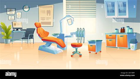 Dentist cabinet, stomatology room in clinic or hospital. Vector cartoon interior of empty dental ...