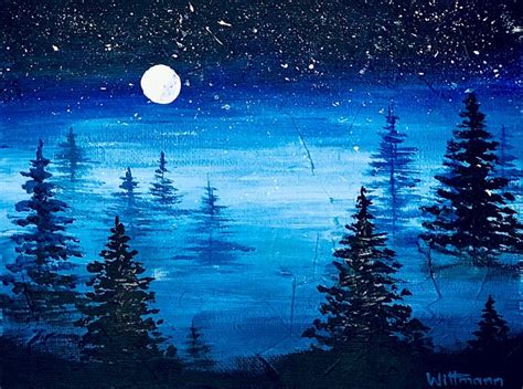 Night Sky Painting Landscape Original Art Tree Forest Moon | Etsy