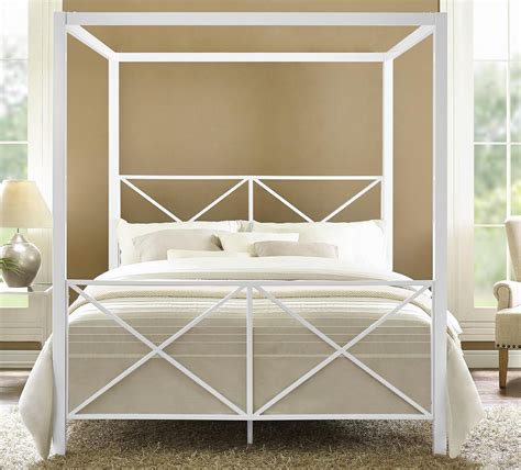 Full Queen White Metal Canopy Bed Frame Criss Cross Headboard Footboard Rails - Beds & Bed Frames