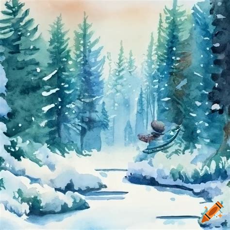 Watercolor christmas card with a snowy forest on Craiyon