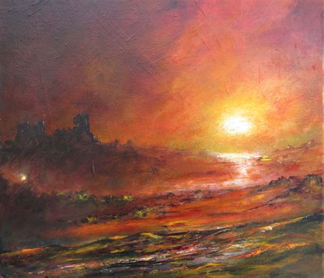 an oil painting of a sunset over the ocean with a castle in the distance,