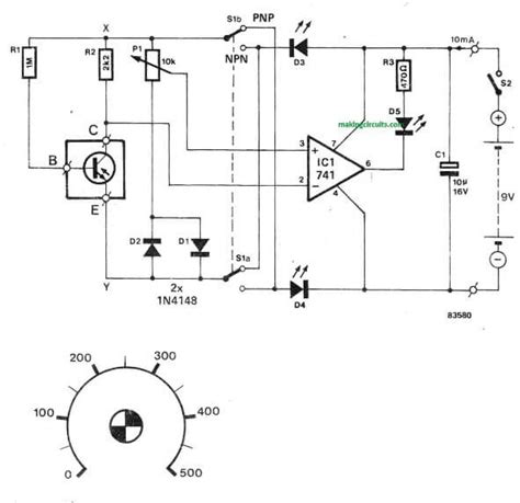 Transistor Current Gain Tester Circuit - hFE Tester