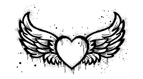 Spray painted graffiti flying heart with wings icon in black over white. Heart with wings drip ...