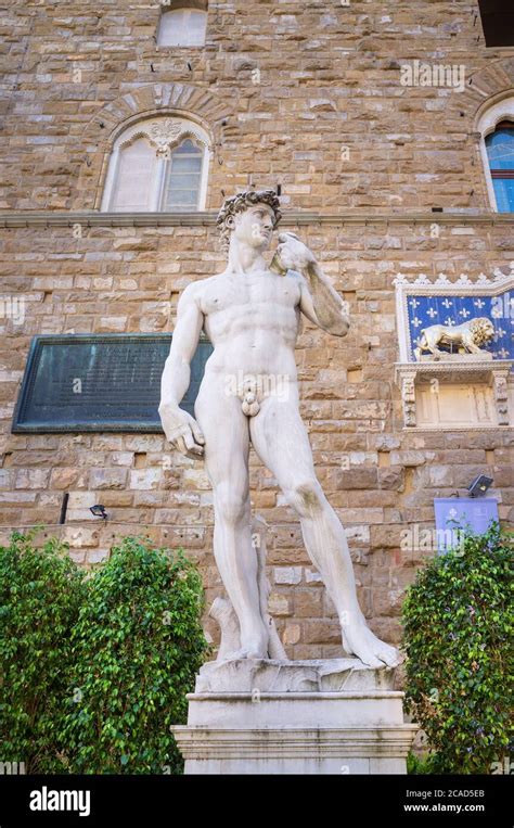 Replica of Michelangelo's David statue. This copy of the Michelangelo sculpture stands in front ...