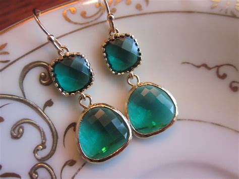 Emerald Green Earrings Gold Two Tier - Bridesmaid Earrings - Wedding Earrings - Bridal Earrings ...