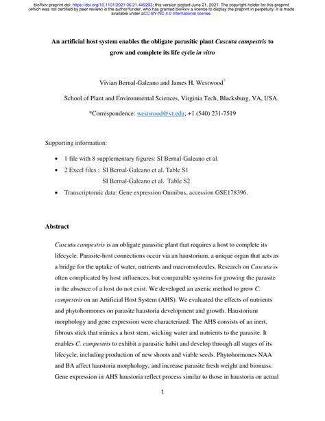 (PDF) An artificial host system enables the obligate parasitic plant Cuscuta campestris to grow ...