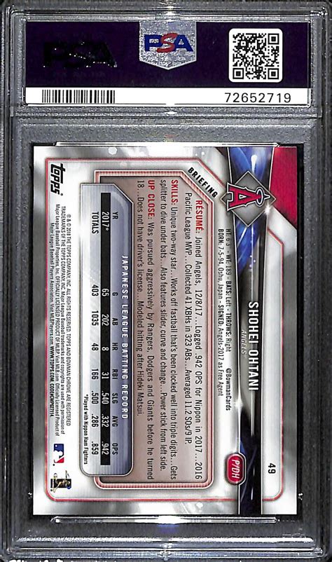 Lot Detail - 2018 Bowman Shohei Ohtani Rookie Card #49 Graded PSA 10 ...