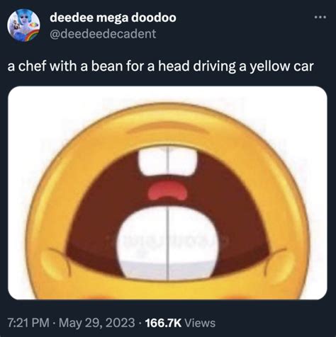 a chef with a bean for a head driving a yellow car | Smiling Buck Tooth ...