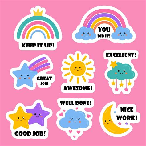 Job and great job stickers with cute rainbows, stars for kids. Stickers ...