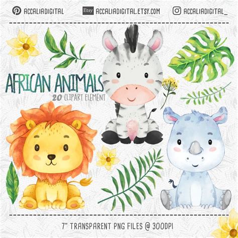 African Animals Clipart Set 1, Watercolor Animal Sticker, Savanna ...