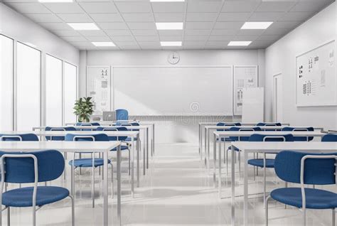 Minimal Style Modern White Classroom with Blue Chairs 3d Render Stock ...