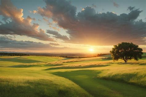 Premium AI Image | Grassy landscape at sunset