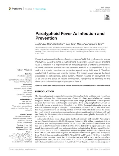 (PDF) Paratyphoid Fever A: Infection and Prevention