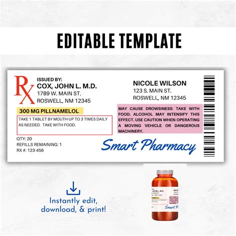 Prescription Label Template Editable Horizontal RX Bottle - Etsy Canada