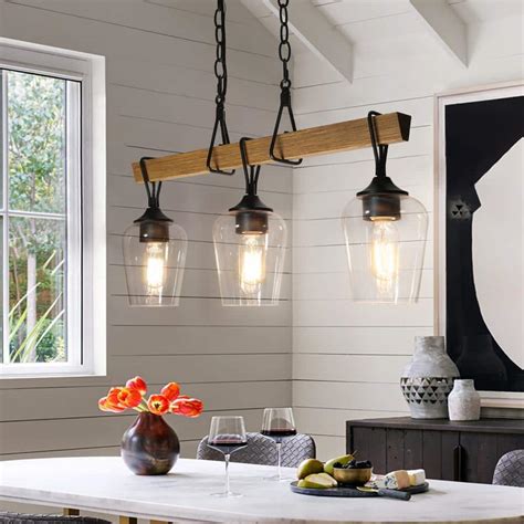 Uolfin Transitional Black Dining Room Island Chandelier, 25 in. 3-Light Farmhouse Faux Wood ...
