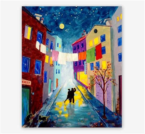 Original Abstract Acrylic Painting - Night Street - Colorful Landscape - Love Couple Dancing ...