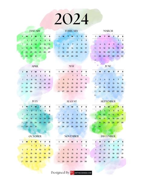 Free Printable 2024 Vertical Calendars – Watercolor Designs | EntheosWeb