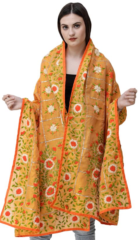 Phulkari Dupatta from Punjab with Multicolor Hand-Embroidery and Gota ...