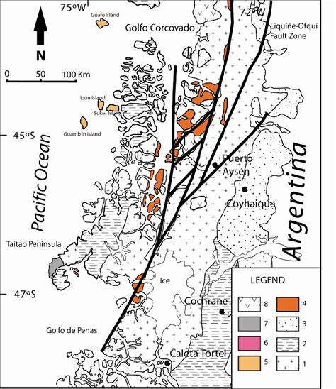 Geologic map of the study area. 1) Patagonian batholith. 2) metamorphic... | Download Scientific ...