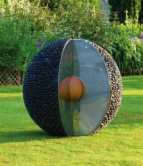 Garden Sphere Sculpture: Black Stone Outdoor Spheres with Stainless Steel Metal Wall Sculpture ...