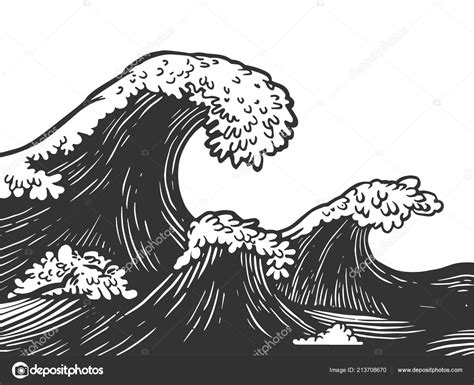 Ocean waves engraving vector illustration. Scratch board style ...