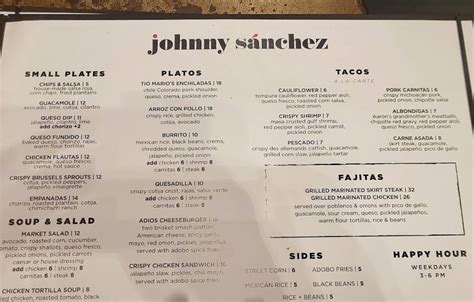 Menu at Johnny Sánchez restaurant, New Orleans