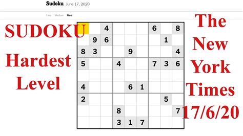 Sudoku New York Time Hardest Level, 17/06/2020, Solving Step by Step - YouTube