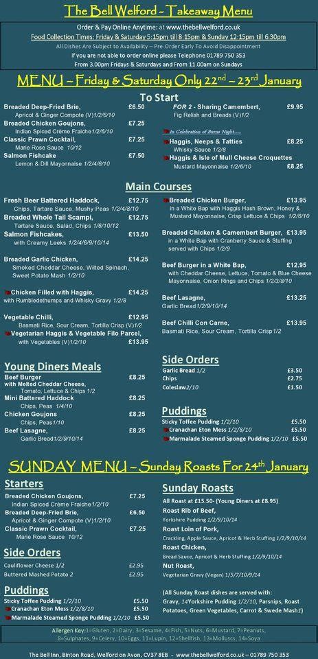 Menu at The Bell Inn, Welford on Avon pub & bar, Welford-on-Avon