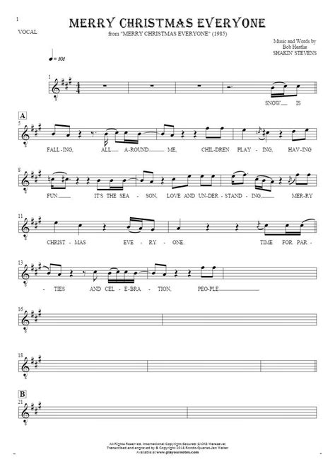 Merry Christmas Everyone - Notes and lyrics for vocal - melody line | PlayYourNotes | Lyrics and ...