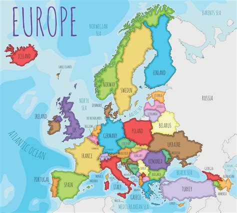 Political Europe Map vector illustration with different colors for each country. Editable and ...