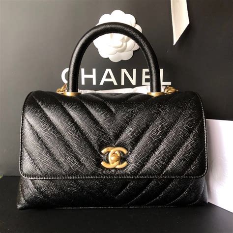 Chanel Mini Coco Handle Flap Bag Black Chevron Caviar Leather Gold ...