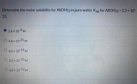 Solved Determine the molar solubility for Al(OH)3 in pure | Chegg.com