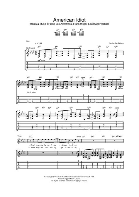 American Idiot" Sheet Music by Green Day for Guitar Tab - Sheet Music Now