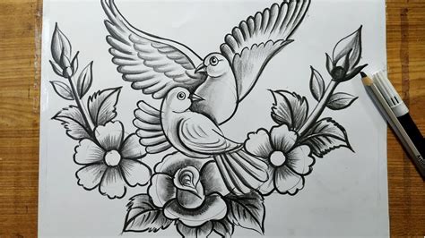 how to draw a pigeon and rose flowers with pencil sketch,how to draw birds and flowers,bird ...