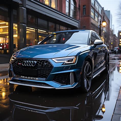 Premium AI Image | 2021 A Blue Audi RS3 Sedan black trim twin turbos sticking through hood of ...