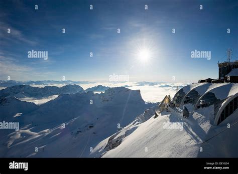 View from Zugspitze Mountain past the Zugspitze weather station towards the west, Zugspitze ...