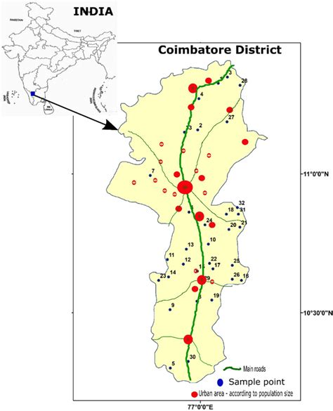 Study area map of Coimbatore district showing sample location ...