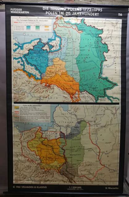 VINTAGE MURAL MAP History of Poland 1772-1795 and 20th century ...