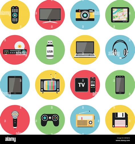 Flat icons set of multimedia and technology devices, audio and video items and objects. Vector ...