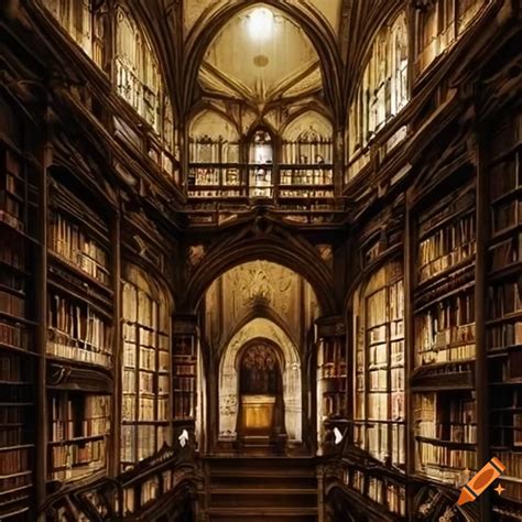 Night view of a gothic library with towering shelves and bridges on Craiyon