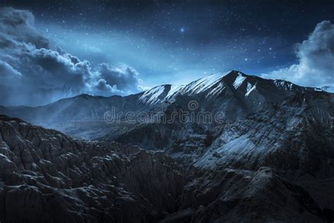 Beautiful Landscape Snow Mountains at Night on Blue Cloud and Star ...