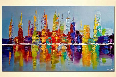 an abstract painting of a cityscape with bright colors and reflections ...